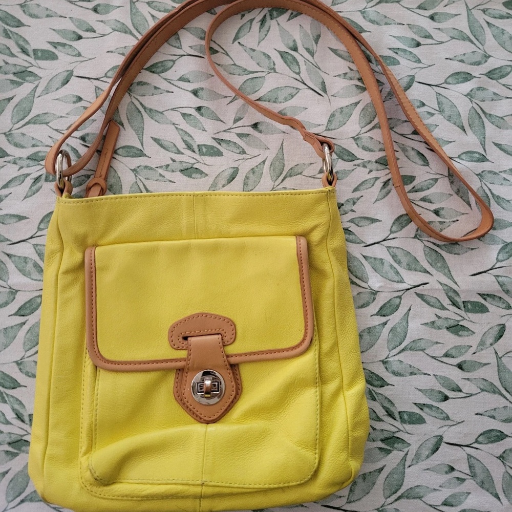 1990's Yellow and Tan Leather Danier Cross Body Purse